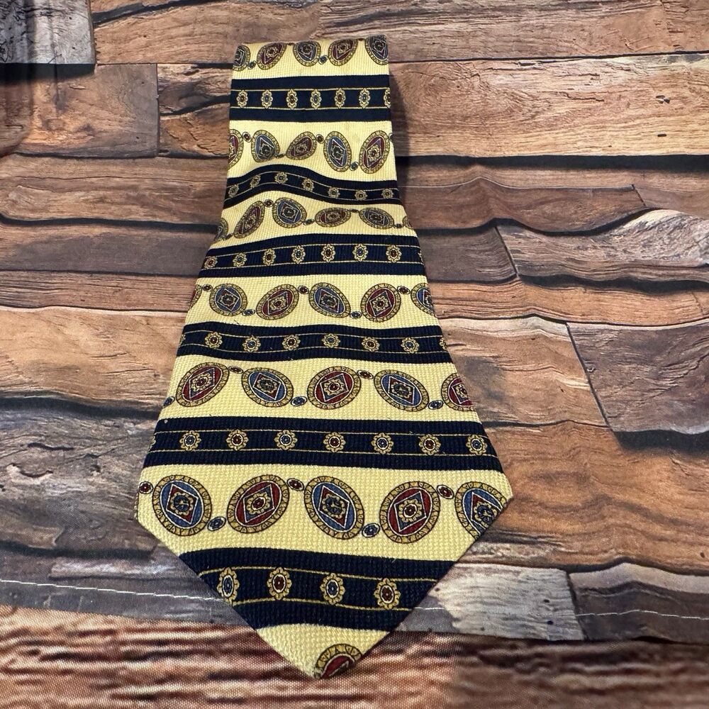 Tommy Hilfiger Tie Mens Yellow Navy Striped Paisley Medallion Silk Necktie 3.75"